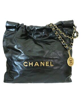 CHANEL 22 SMALL Black Gold Hardware Calfskin Leather Quilted Shoulder Bag